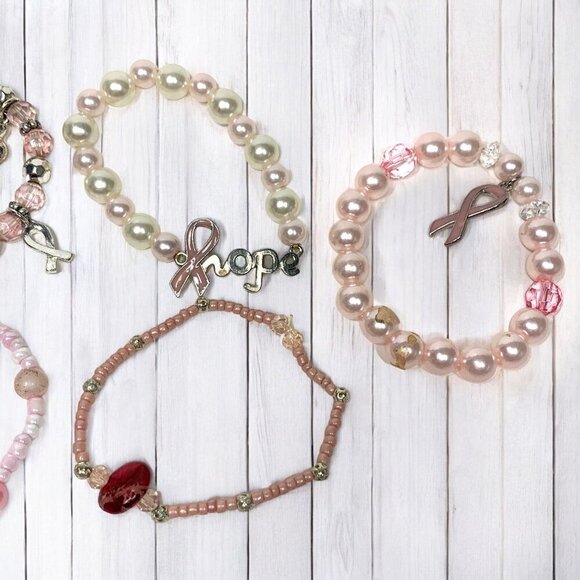 Breast Cancer Awareness Bracelet Bundle Pink Gold Silver Beaded Stretch OS - Picture 3 of 5
